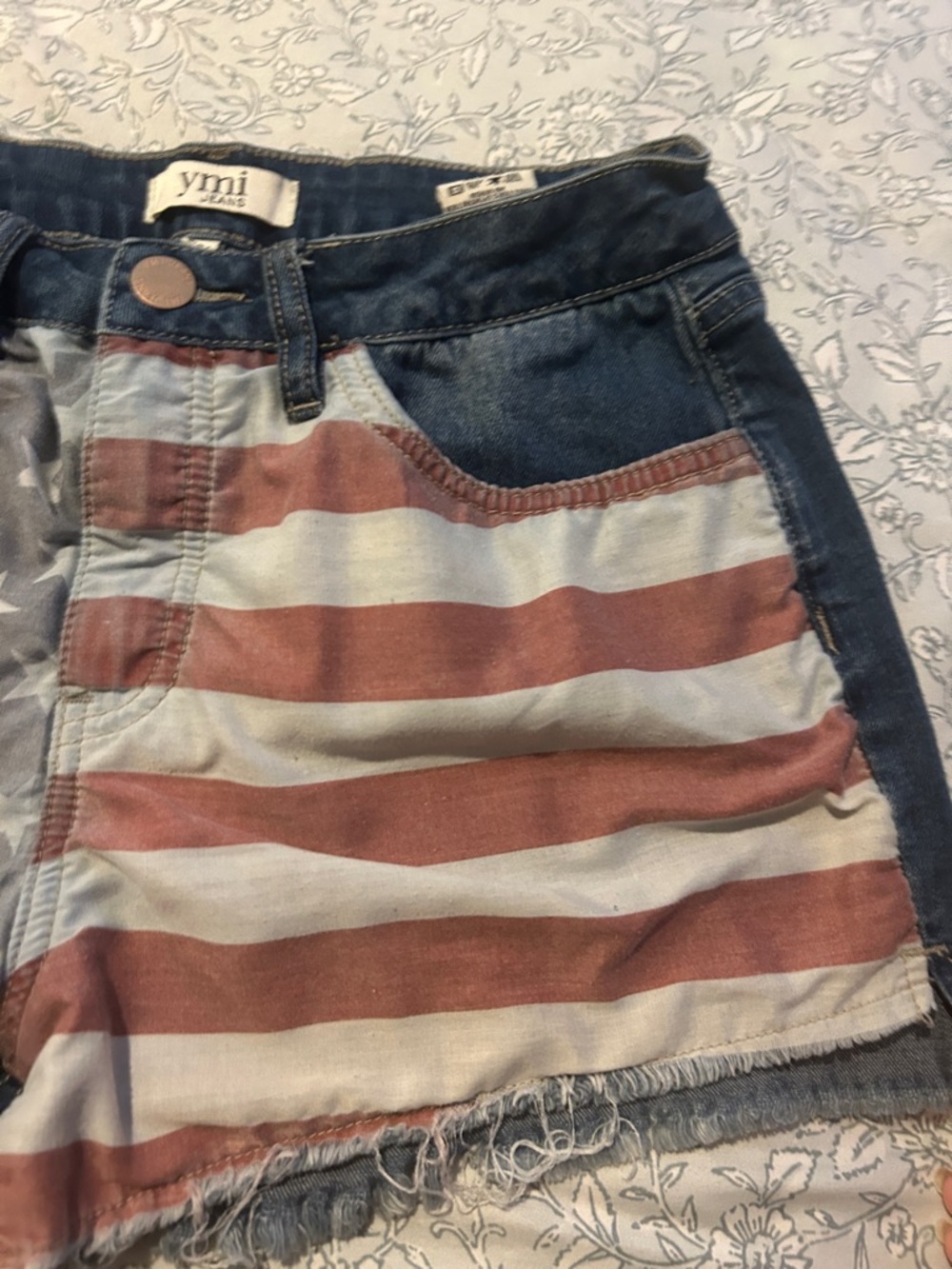 YMI Women's Flag Print Denim Shorts - Faded Blue & Red - Picture 5 of 9